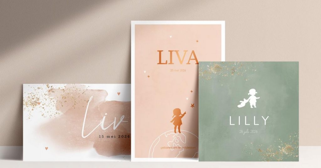 Geboortekaartjes voor een meisje in diverse ontwerpen met waterverf en jungle thema's